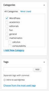 screenshot of WordPress categories and tags boxes