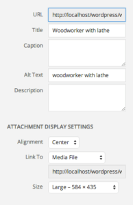 screenshot of WordPress options to set for media insertion